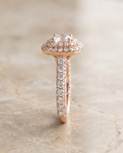 The Dinah Double Halo Cushion Cut Engagement Ring Setting in 14K Rose Gold