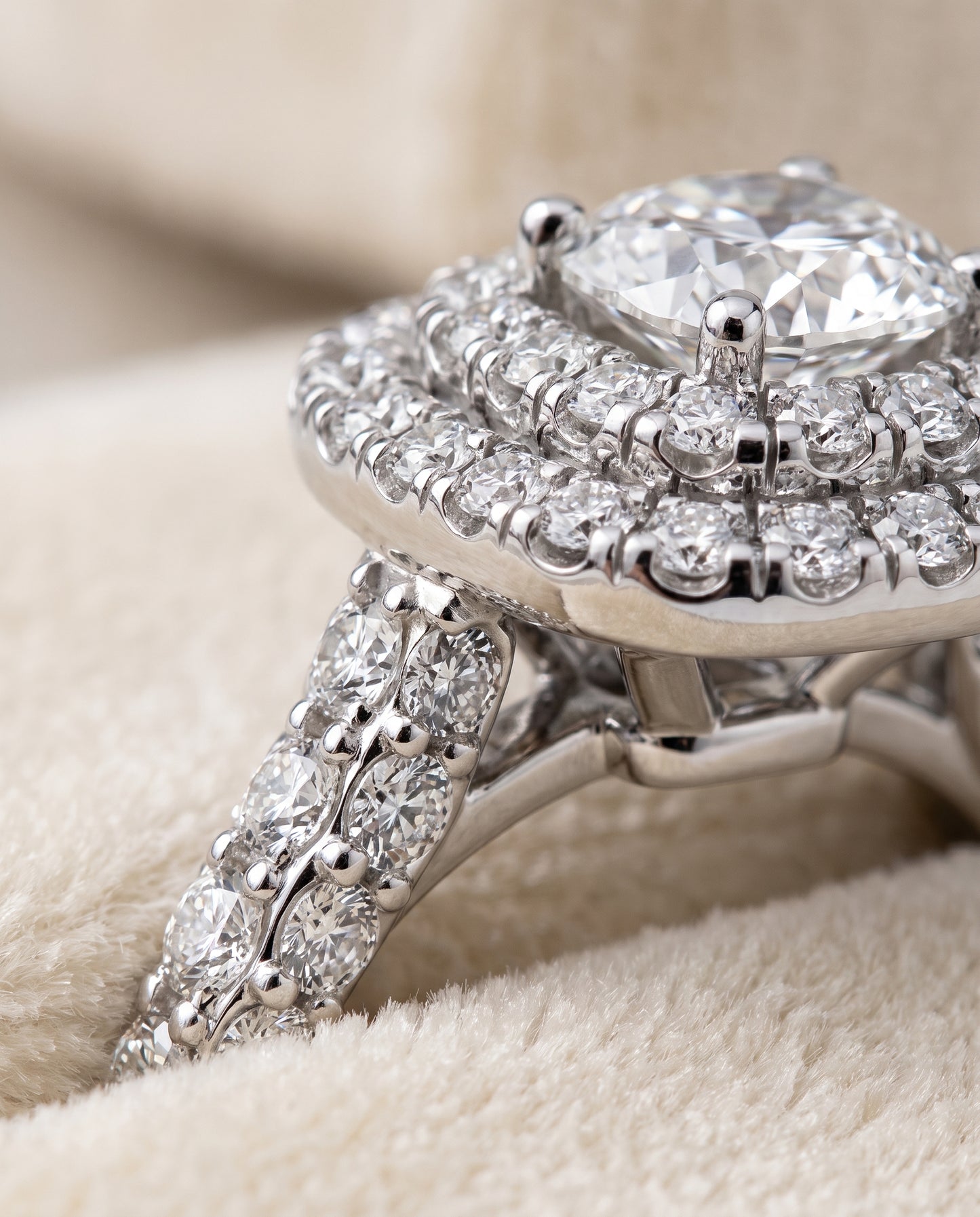 The Dinah Double Halo Cushion Cut Engagement Ring Setting in Platinum