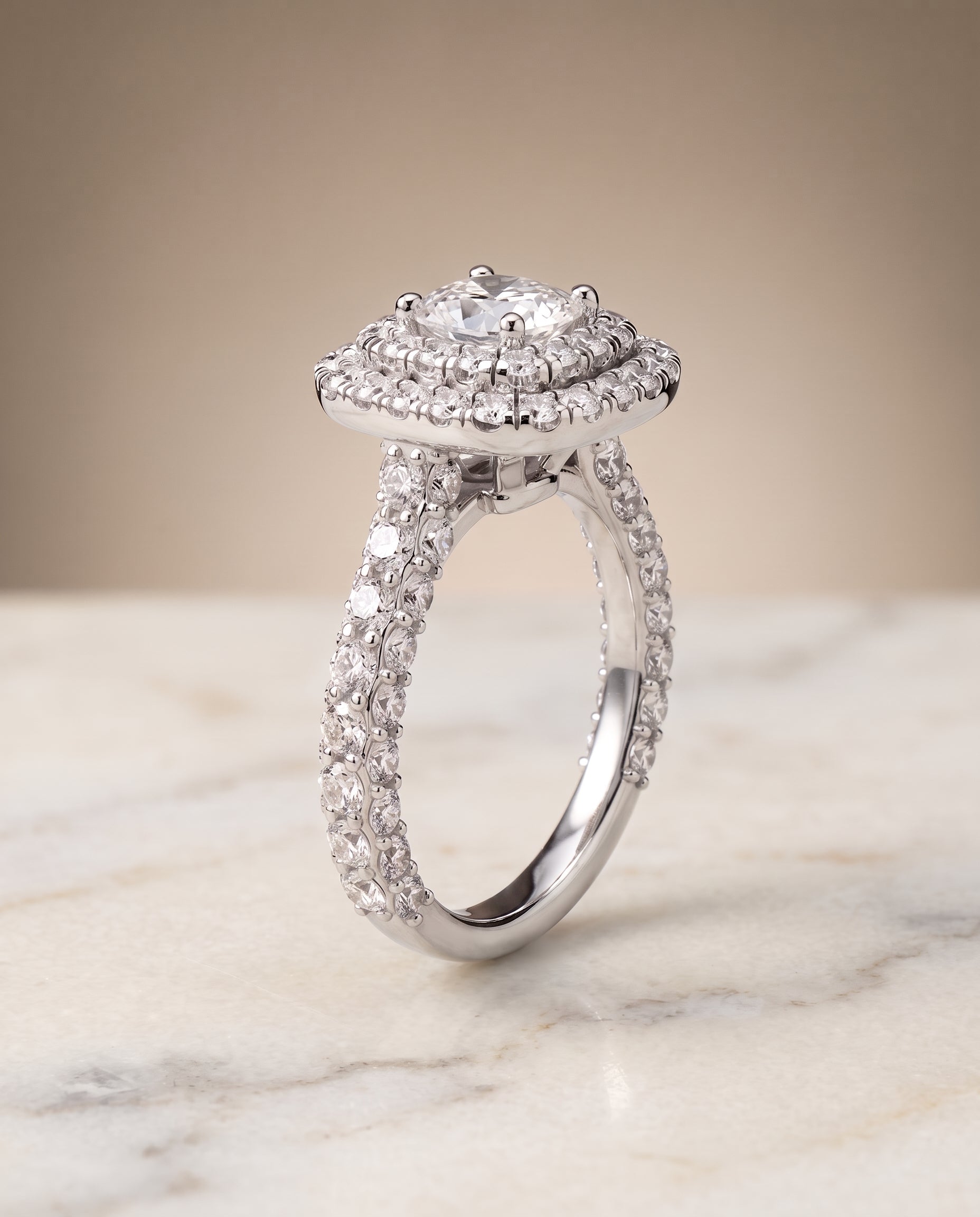Double Halo Cut styling on The Dinah cushion engagement ring setting | RockHer