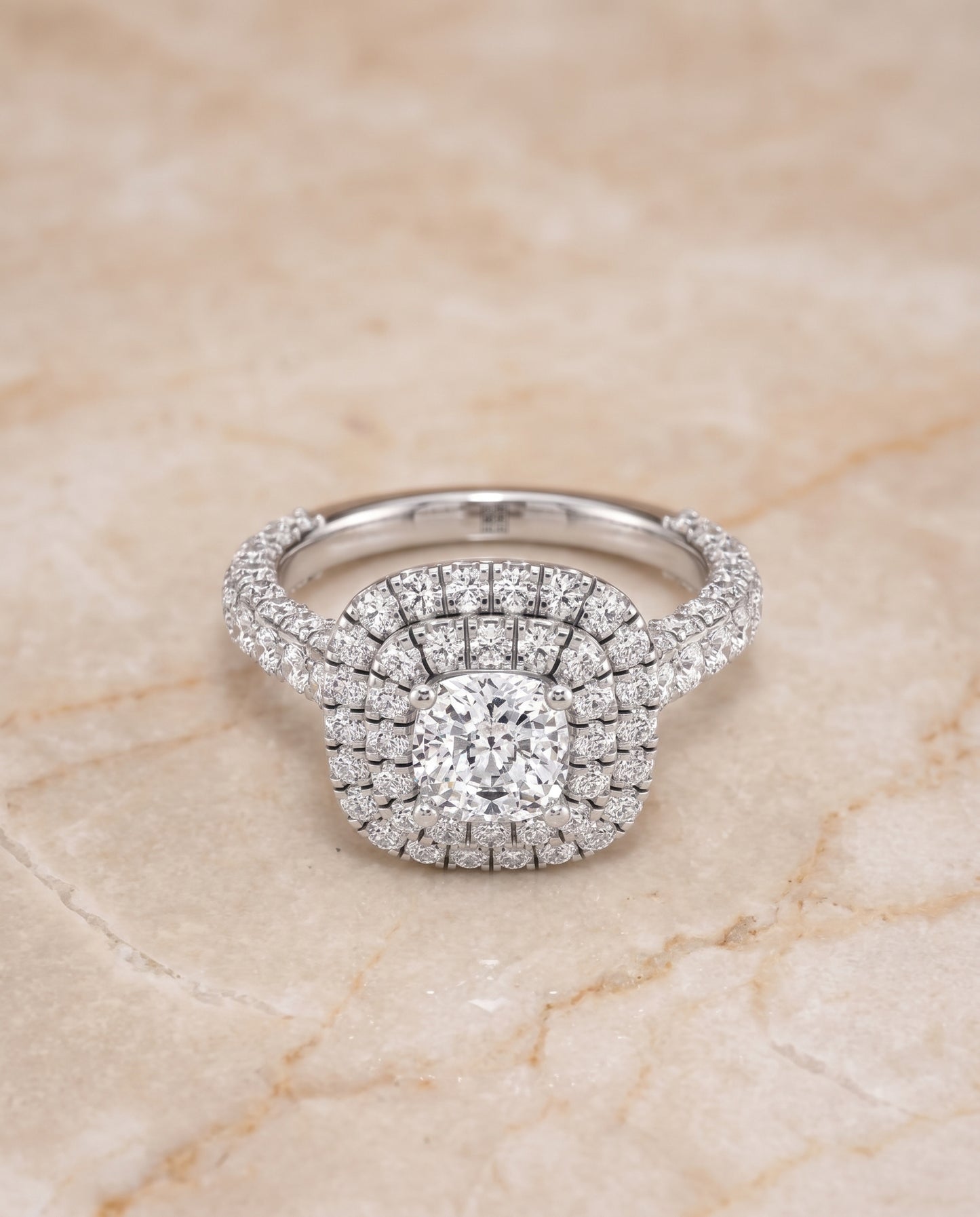 The Dinah Double Halo Cushion Cut Engagement Ring Setting in Platinum