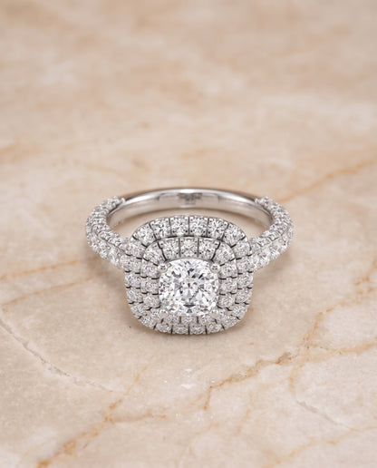 The Dinah Double Halo Cushion Cut Engagement Ring Setting in Platinum