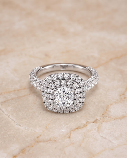 The Dinah Double Halo Cushion Cut Engagement Ring Setting in 18K White Gold