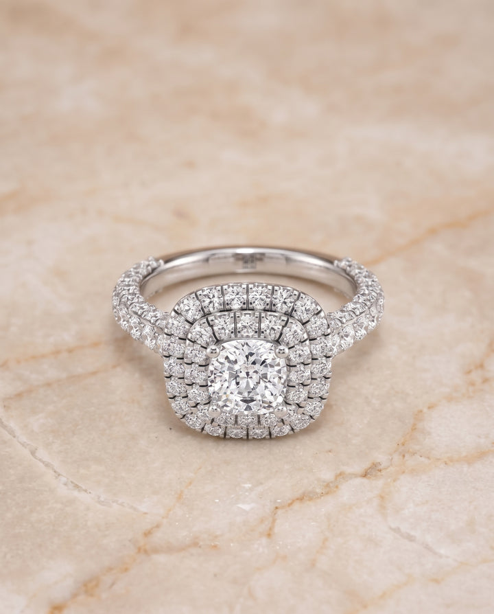The Dinah Double Halo Cushion Cut Engagement Ring Setting in Platinum