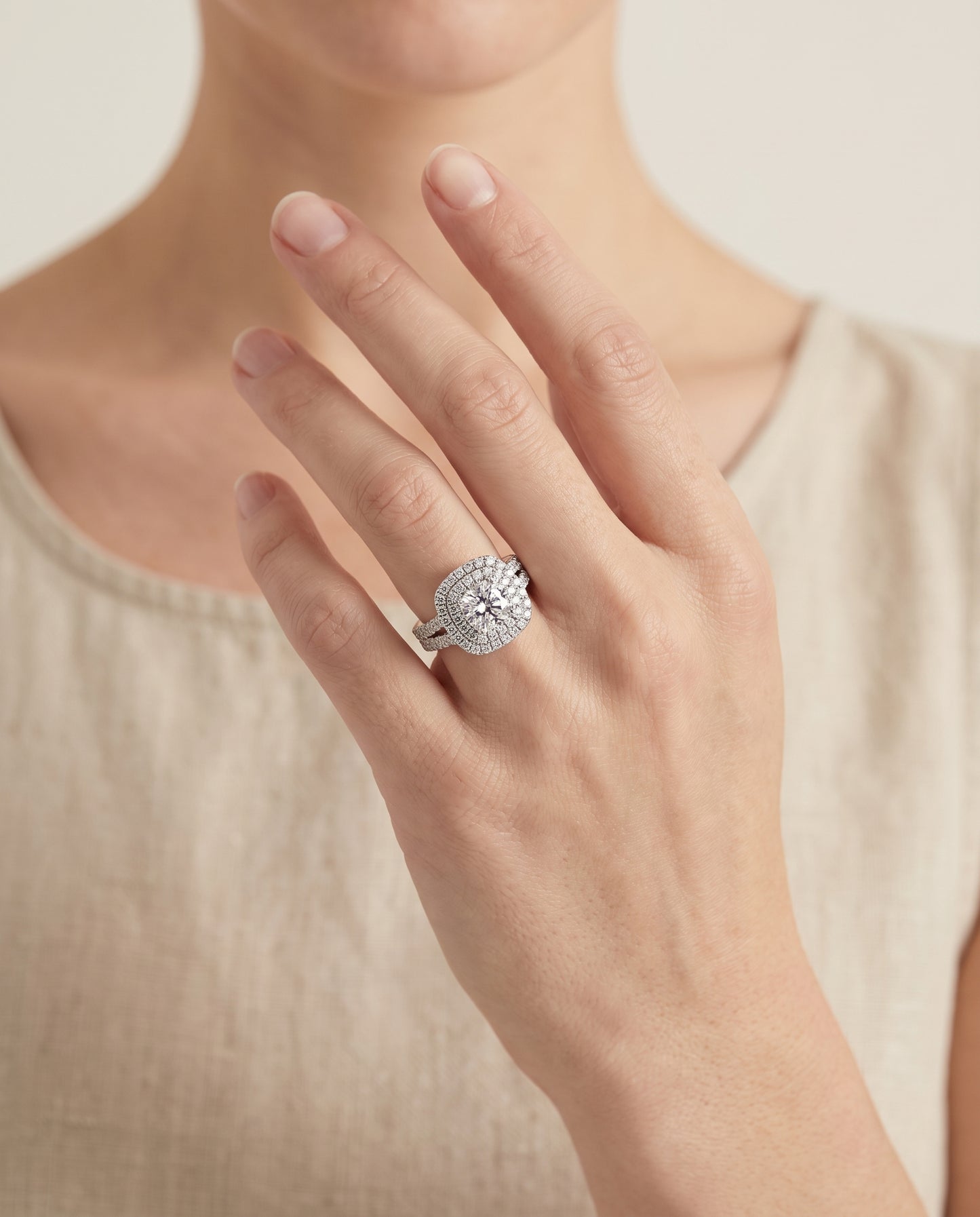 The Dinah Double Halo Cushion Cut Engagement Ring Setting in Platinum