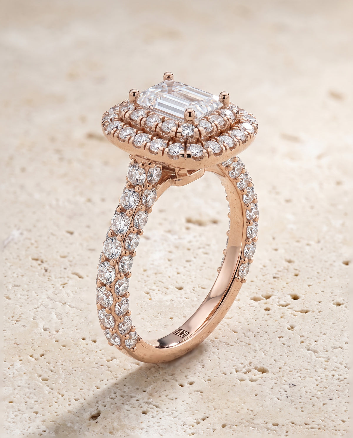 The Dinah Double Halo Emerald Cut Engagement Ring Setting in 14K Rose Gold