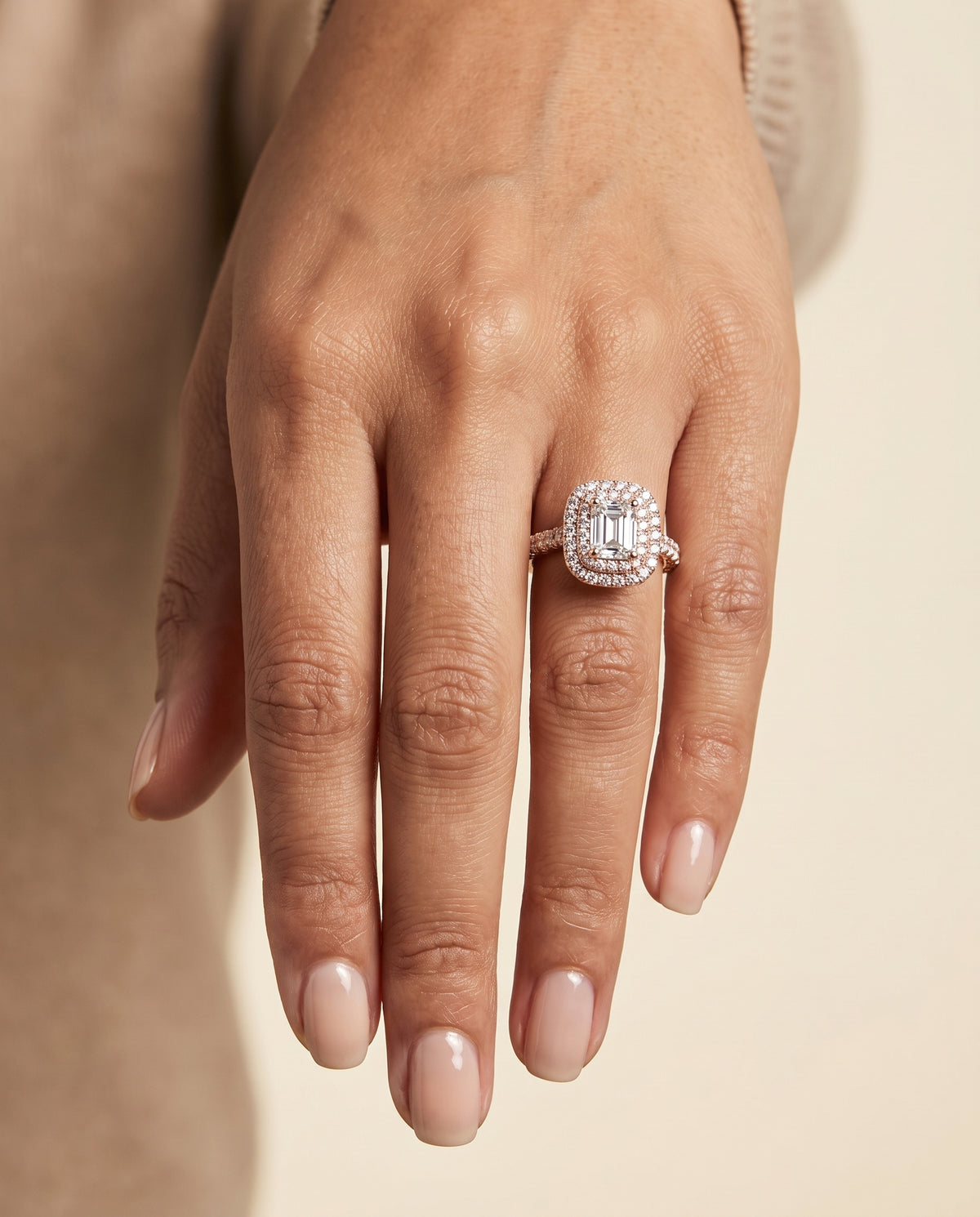 The Dinah Double Halo Emerald Cut Engagement Ring Setting in 14K Rose Gold