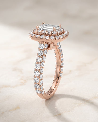 The Dinah Double Halo Emerald Cut Engagement Ring Setting in 14K Rose Gold