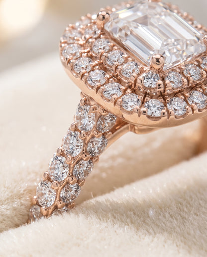 The Dinah Double Halo Emerald Cut Engagement Ring Setting in 14K Rose Gold