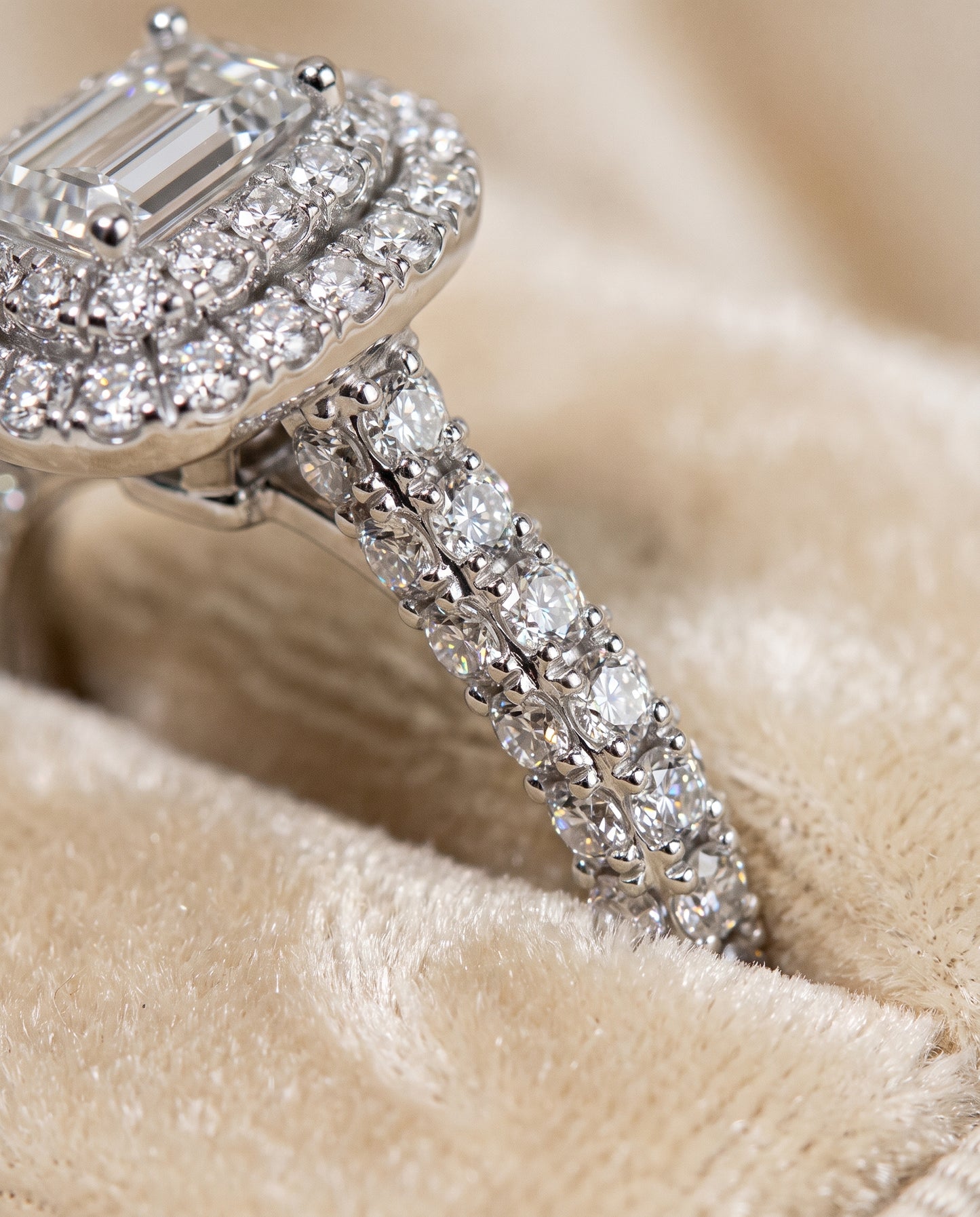 The Dinah Double Halo Emerald Cut Engagement Ring Setting in 18K White Gold