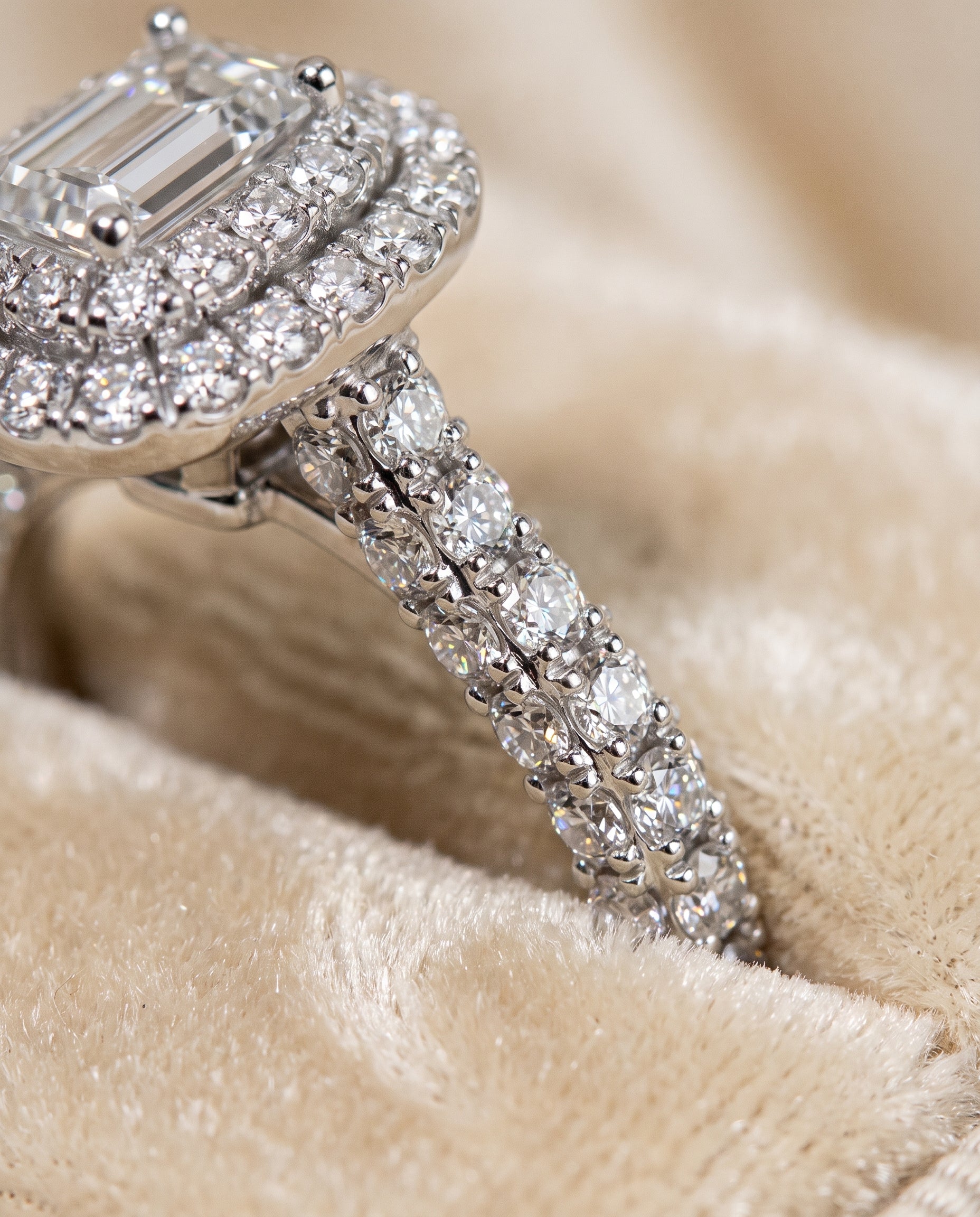The Dinah Double Halo Emerald Cut Engagement Ring Setting in Platinum