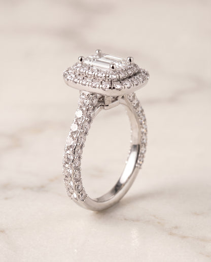 The Dinah Double Halo Emerald Cut Engagement Ring Setting in 18K White Gold