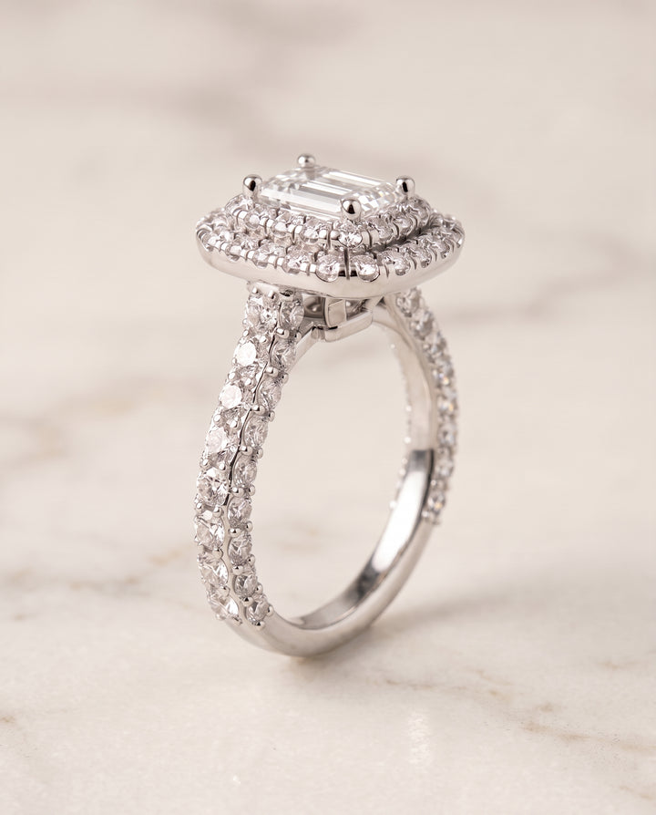 The Dinah Double Halo Emerald Cut Engagement Ring Setting in Platinum