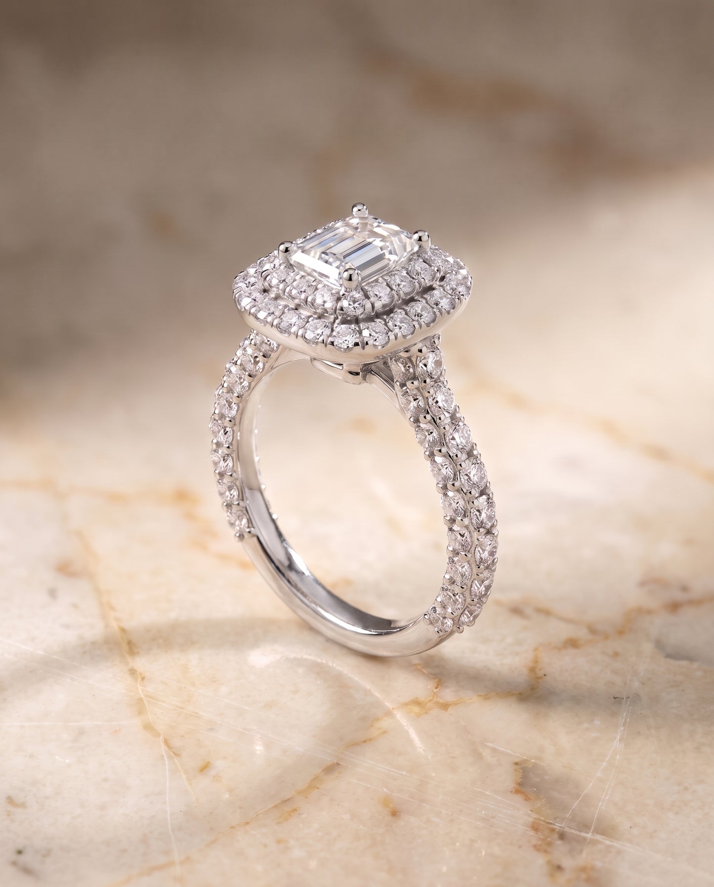 The Dinah Double Halo Emerald Cut Engagement Ring Setting in 18K White Gold