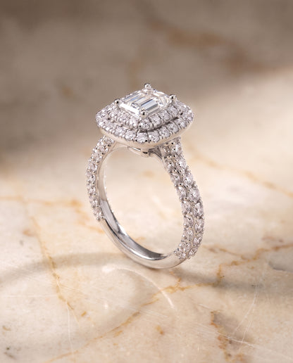 The Dinah Double Halo Emerald Cut Engagement Ring Setting in 18K White Gold