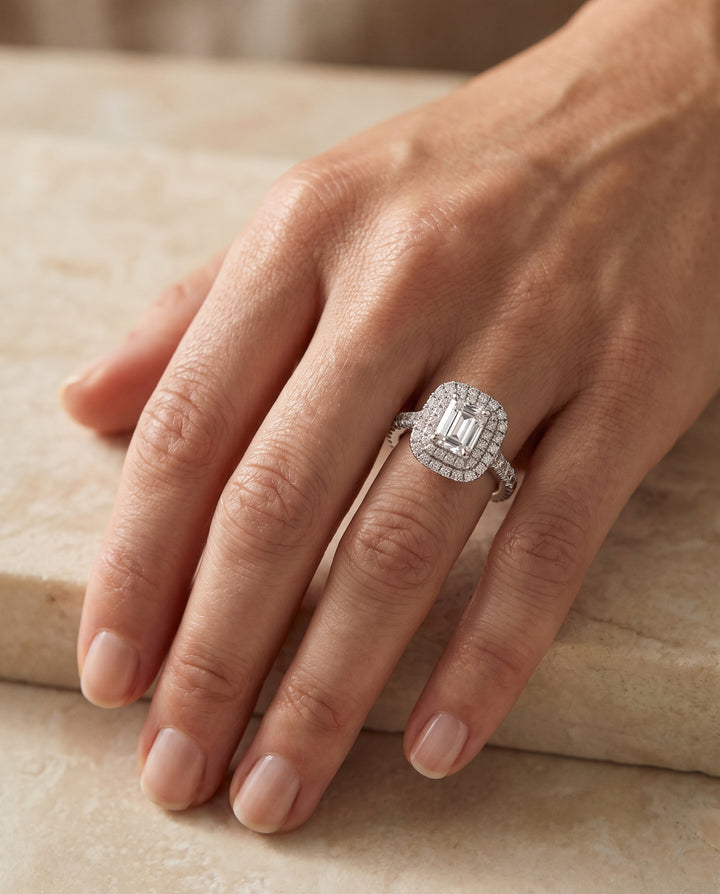 The Dinah Double Halo Emerald Cut Engagement Ring Setting in 18K White Gold