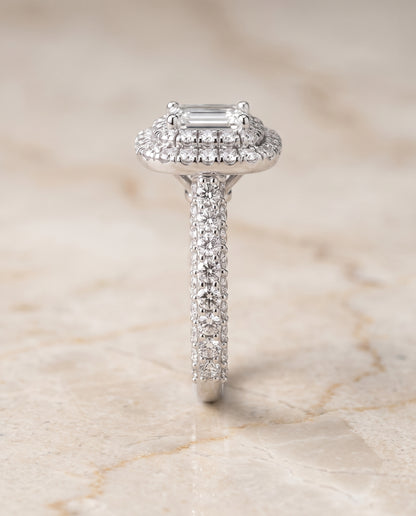 The Dinah Double Halo Emerald Cut Engagement Ring Setting in 18K White Gold