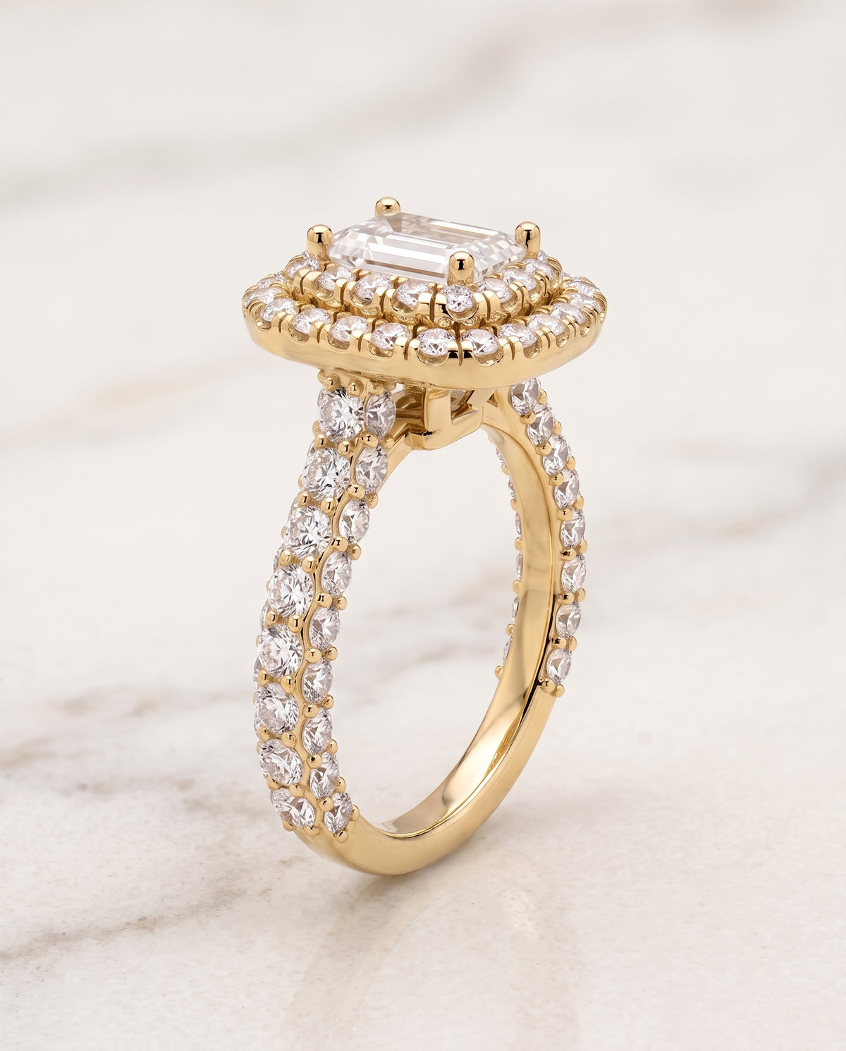 Double Halo Cut styling on The Dinah emerald engagement ring setting | RockHer