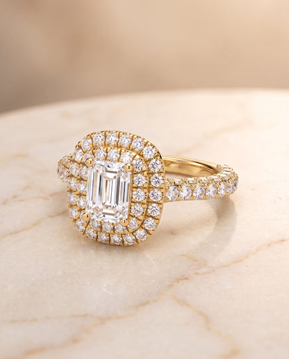 The Dinah Double Halo Emerald Cut Engagement Ring Setting in 18K Yellow Gold