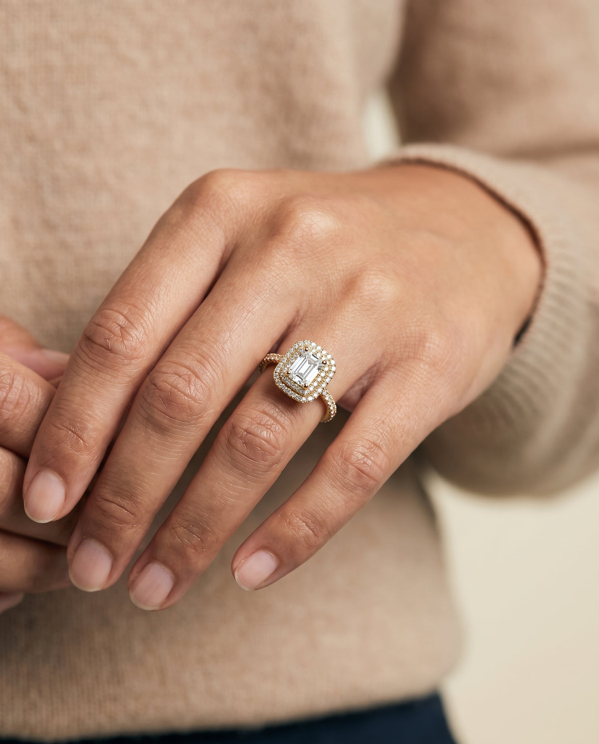The Dinah engagement ring setting in 18K Yellow Gold, double halo cut design | RockHer