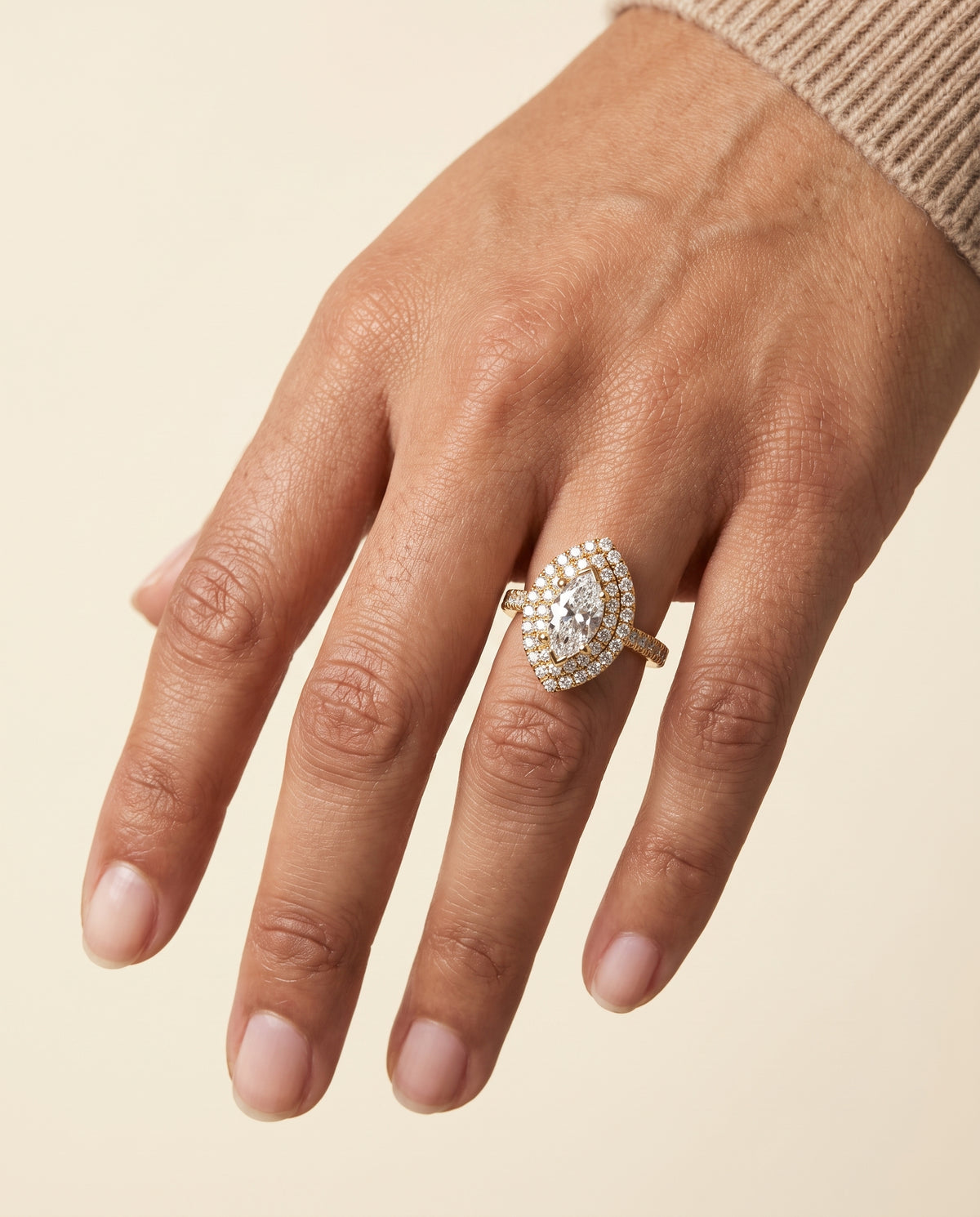 The Dinah engagement ring setting in 18K Yellow Gold, double halo design | RockHer