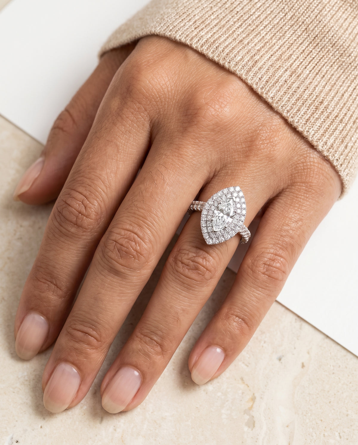 The Dinah Double Halo Marquise Engagement Ring Setting in 18K White Gold