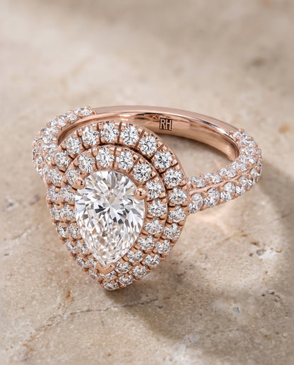 The Dinah Double Halo Pear Engagement Ring Setting in 14K Rose Gold