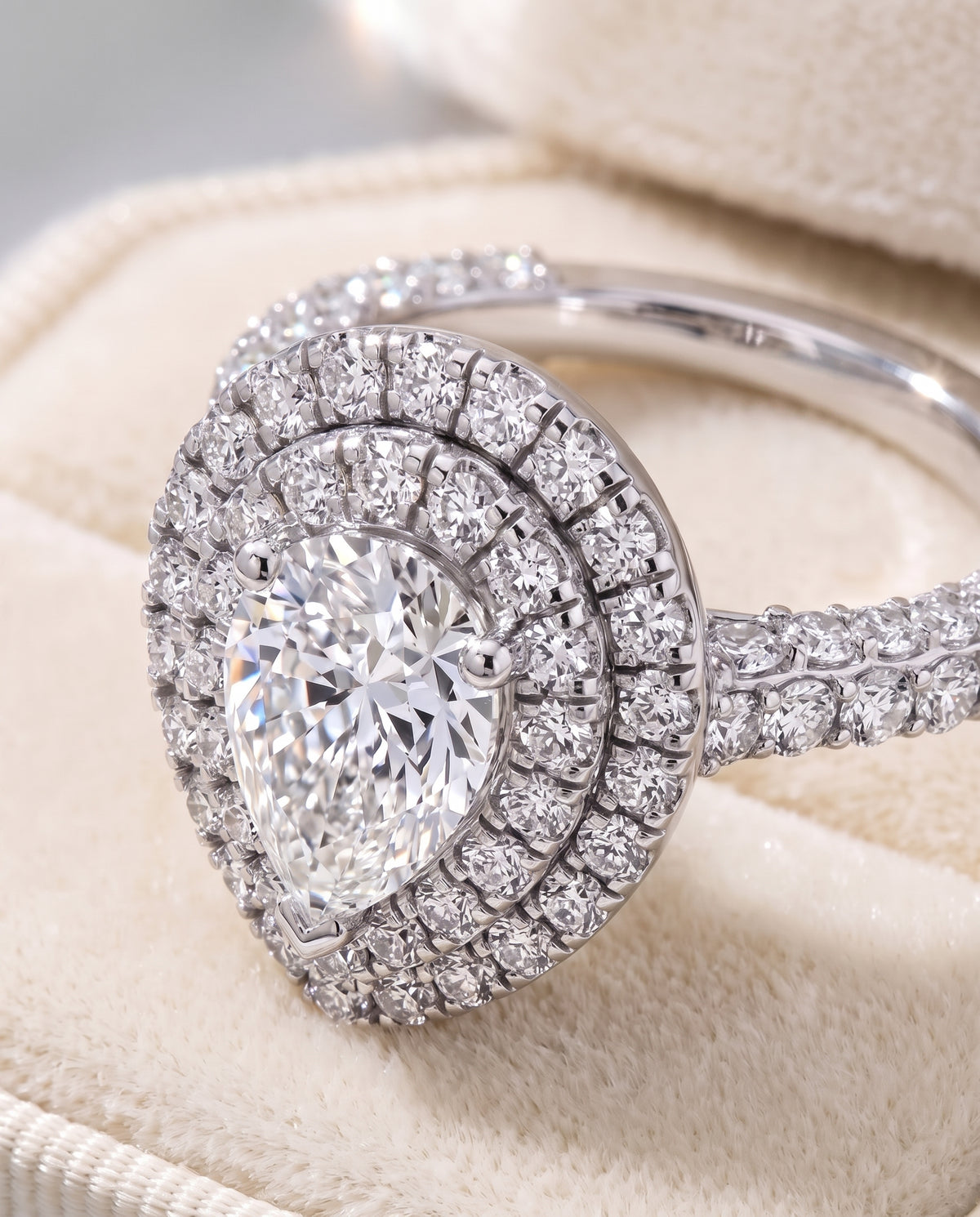 The Dinah Double Halo Pear Engagement Ring Setting in 18K White Gold