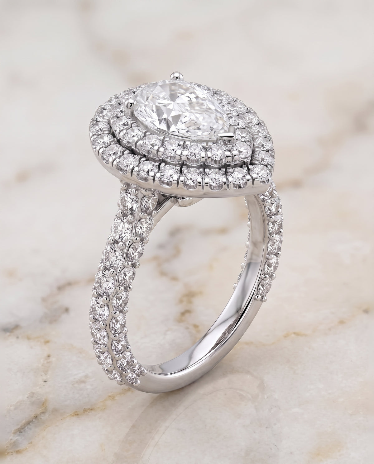 The Dinah Double Halo Pear Engagement Ring Setting in 18K White Gold