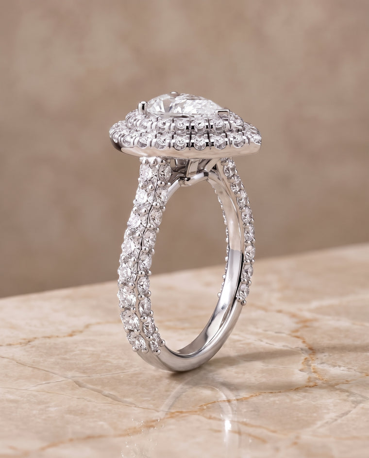 The Dinah Double Halo Pear Engagement Ring Setting in 18K White Gold