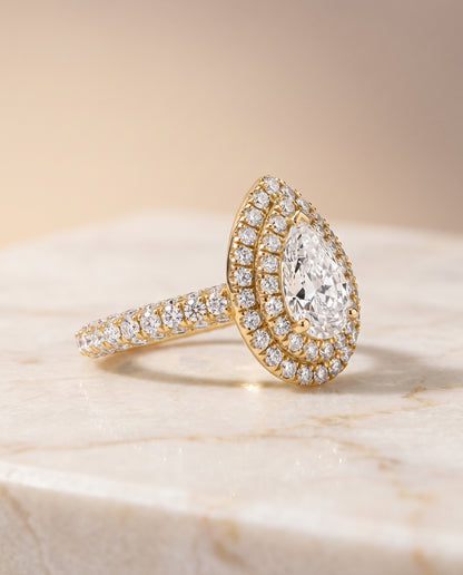 The Dinah Double Halo Pear Engagement Ring Setting in 18K Yellow Gold