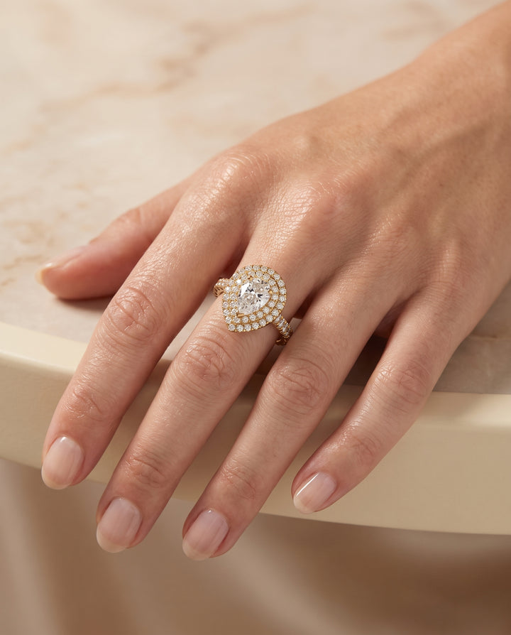 The Dinah Double Halo Pear Engagement Ring Setting in 18K Yellow Gold