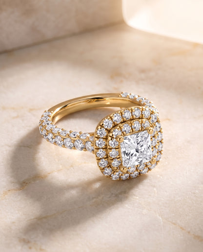 The Dinah Double Halo Princess Cut Engagement Ring Setting in 18K Yellow Gold