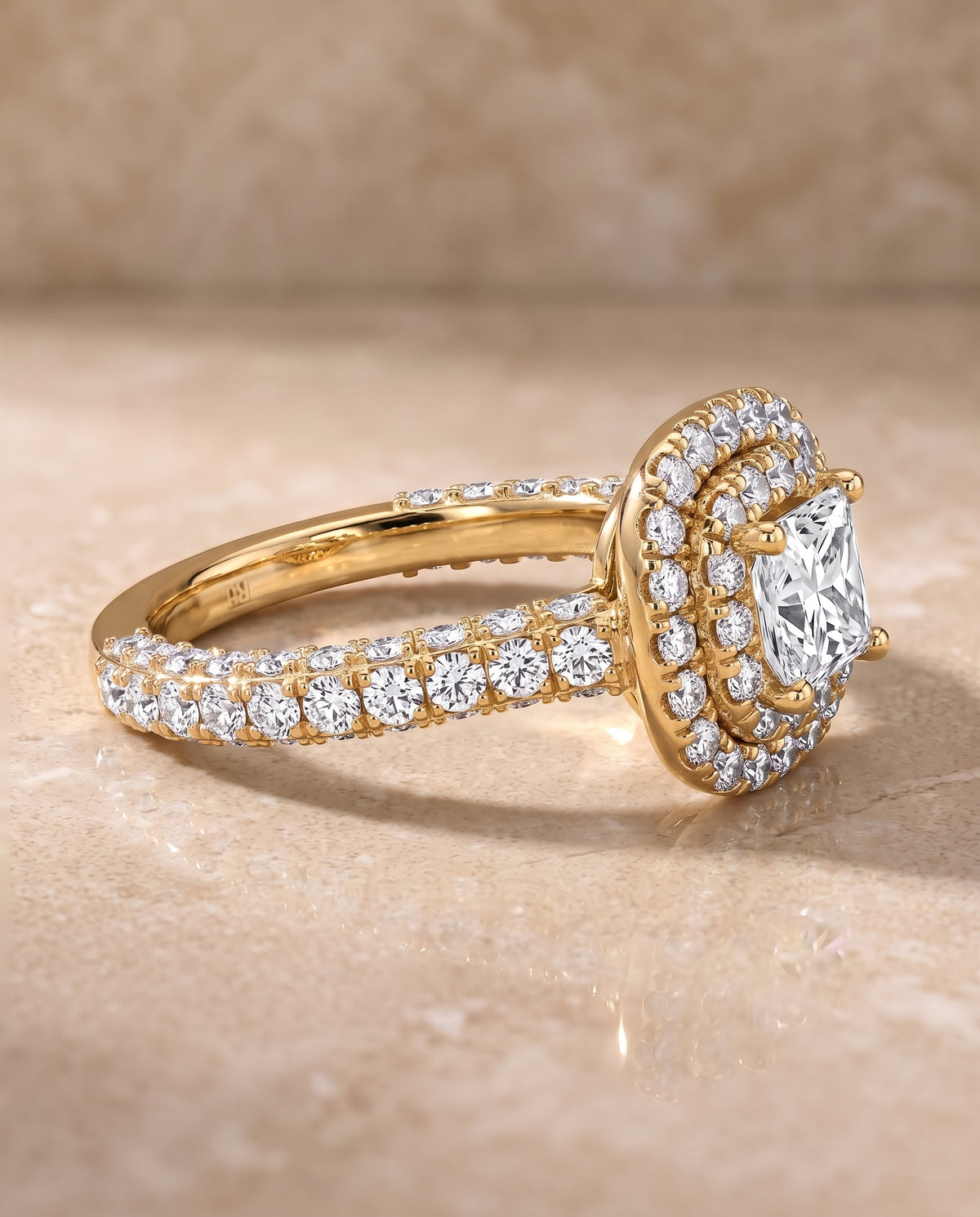 The Dinah Double Halo Princess Cut Engagement Ring Setting in 18K Yellow Gold