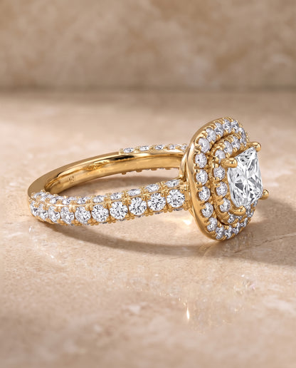 The Dinah Double Halo Princess Cut Engagement Ring Setting in 18K Yellow Gold