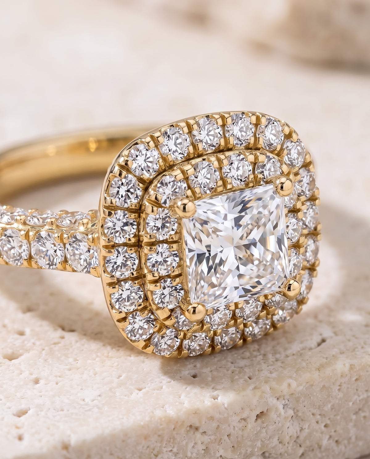 The Dinah Double Halo Princess Cut Engagement Ring Setting in 18K Yellow Gold
