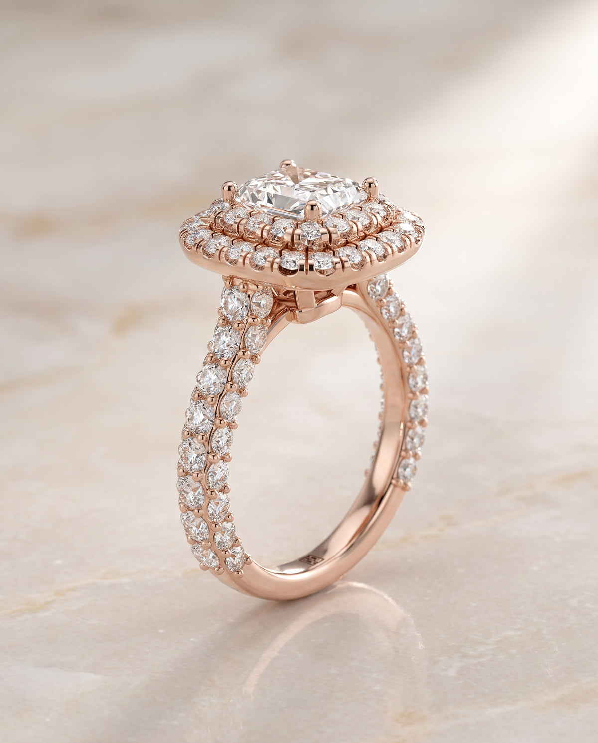 Radiant engagement ring setting in 14K Rose Gold, Dinah Double Halo Radiant Cut, alternate view | RockHer