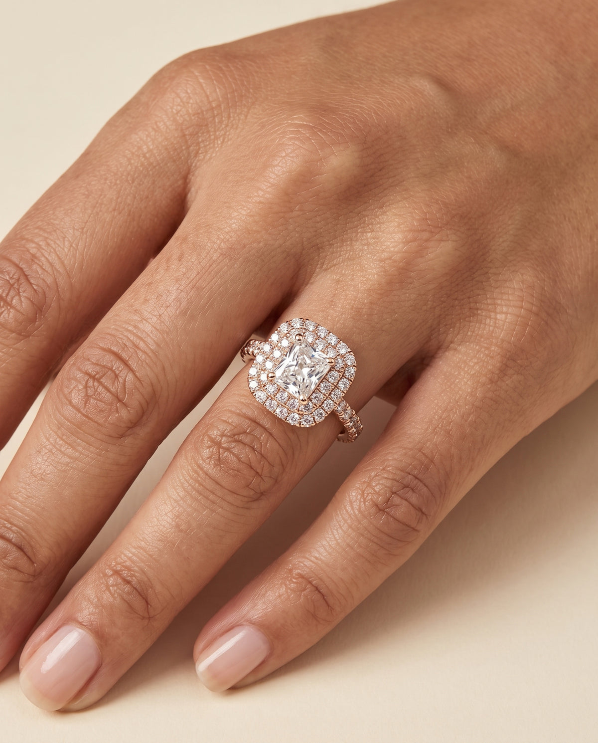 Radiant engagement ring setting in 14K Rose Gold, Dinah Double Halo Radiant Cut, alternate view | RockHer