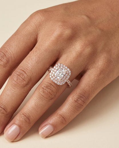 Radiant engagement ring setting in 14K Rose Gold, Dinah Double Halo Radiant Cut, alternate view | RockHer