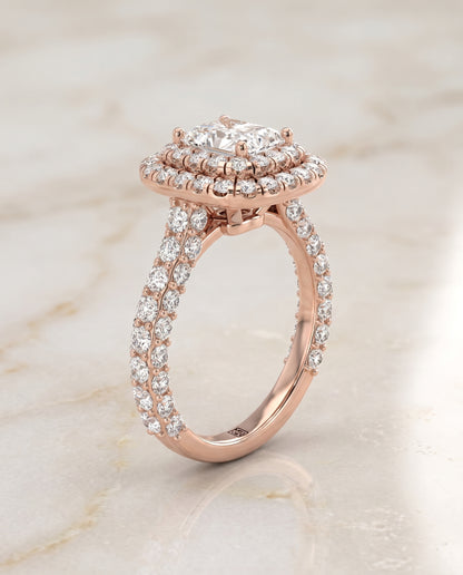 Radiant engagement ring setting in 14K Rose Gold, Dinah Double Halo Radiant Cut, alternate view | RockHer