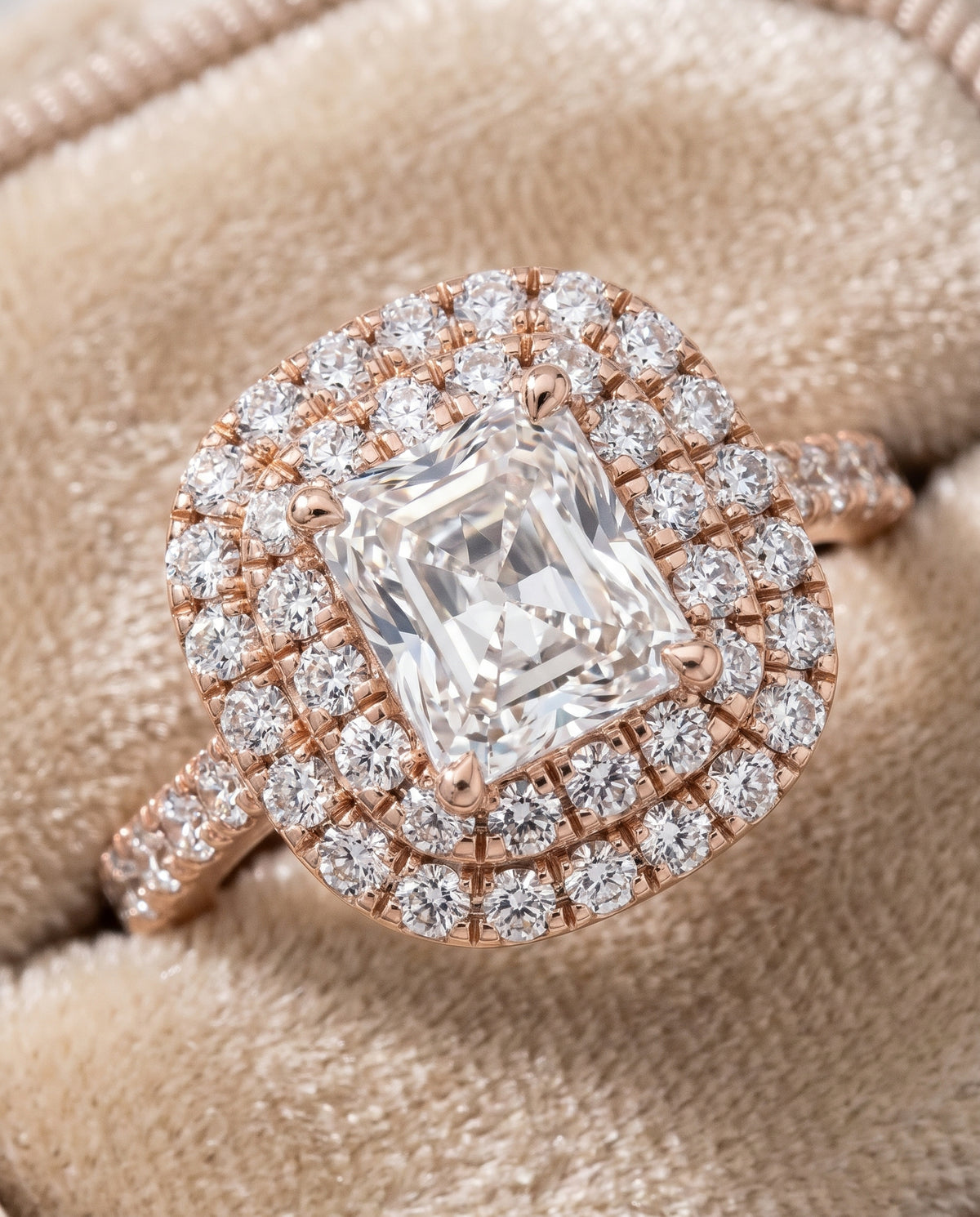 Radiant engagement ring setting in 14K Rose Gold, Dinah Double Halo Radiant Cut, alternate view | RockHer