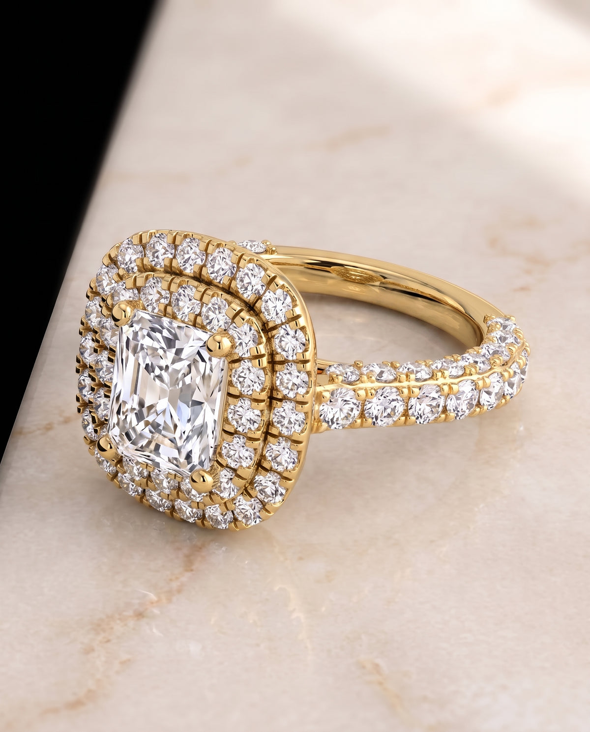 The Dinah Double Halo Radiant Cut Engagement Ring Setting in 18K Yellow Gold