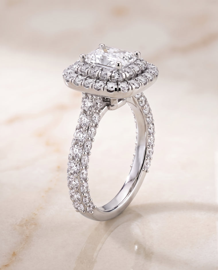 The Dinah Double Halo Radiant Cut Engagement Ring Setting in 18K White Gold