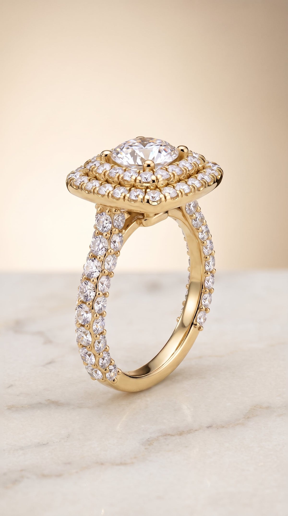 Dinah Select Double Halo Round Lab Diamond Engagement Ring in 18K Yellow Gold, front view | RockHer