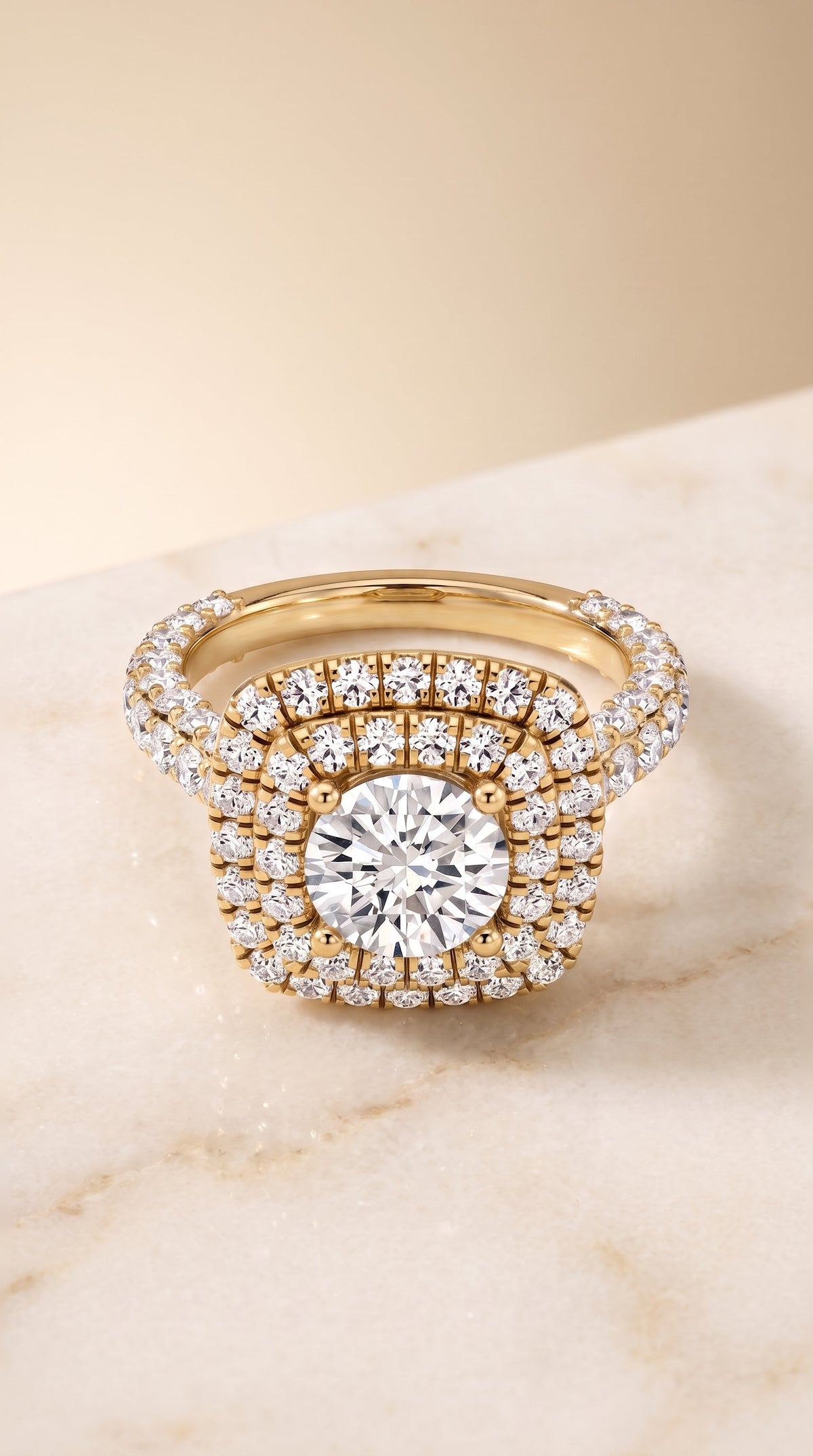 Dinah Select Double Halo Round Lab Diamond Engagement Ring in 18K Yellow Gold, shown on hand, angled | RockHer