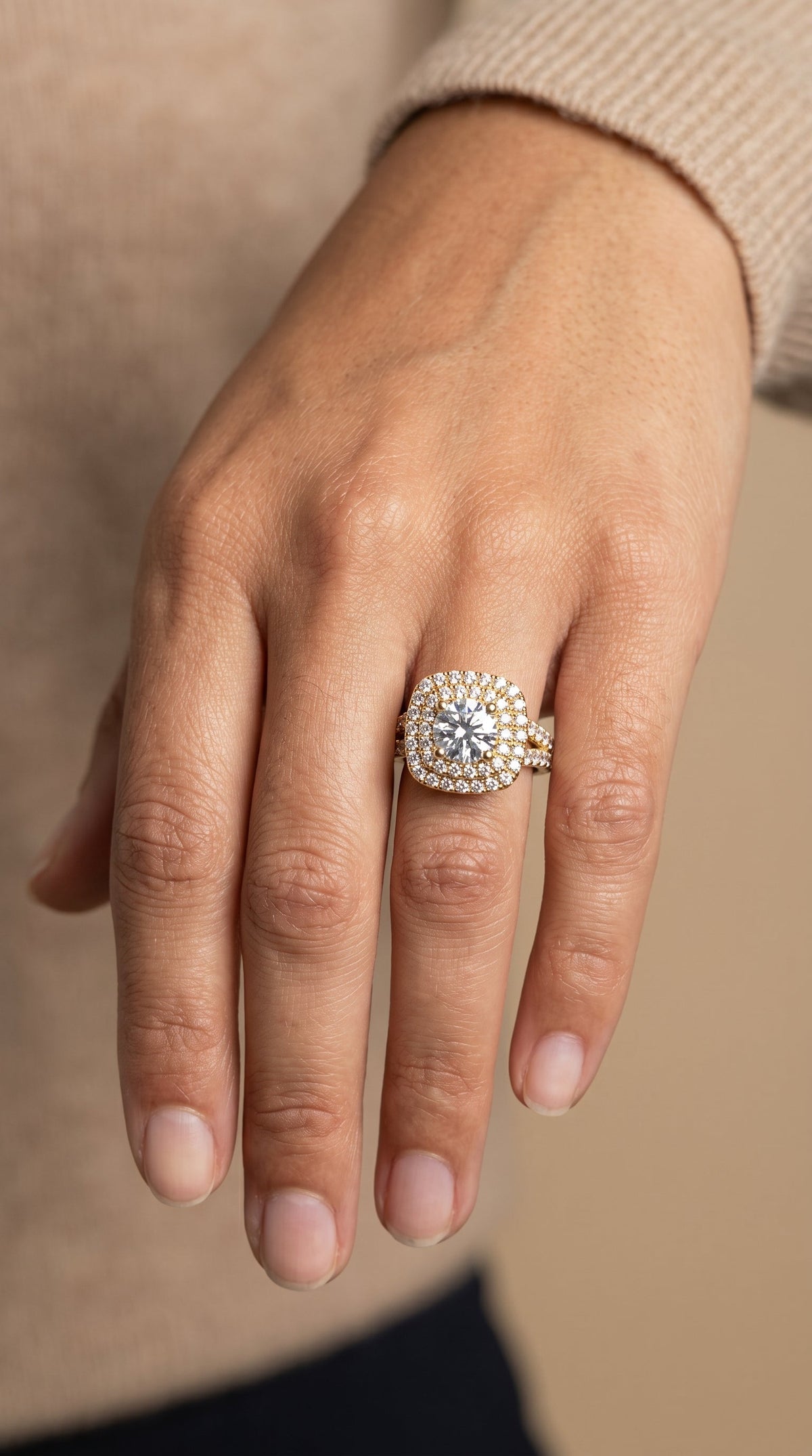 Dinah Select Double Halo Round Lab Diamond Engagement Ring in 18K Yellow Gold, shown on hand | RockHer