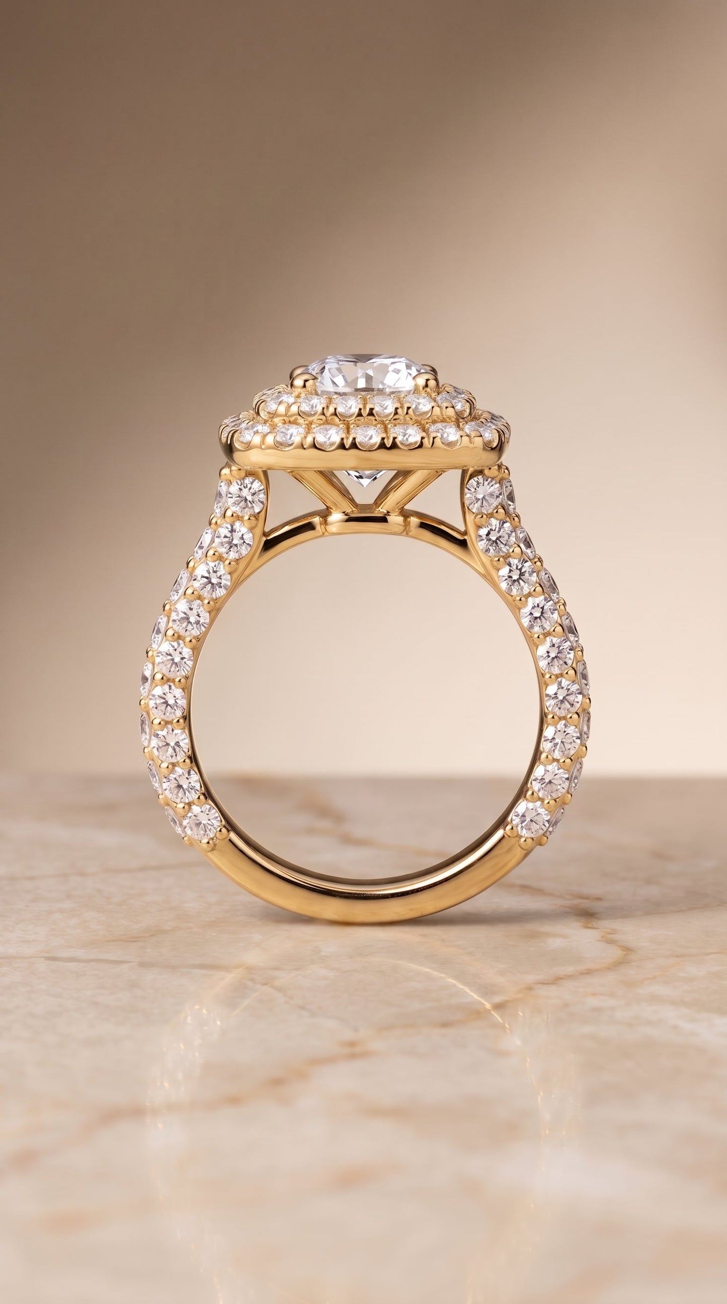 Dinah Select Double Halo Round Lab Diamond Engagement Ring in 18K Yellow Gold, side view | RockHer