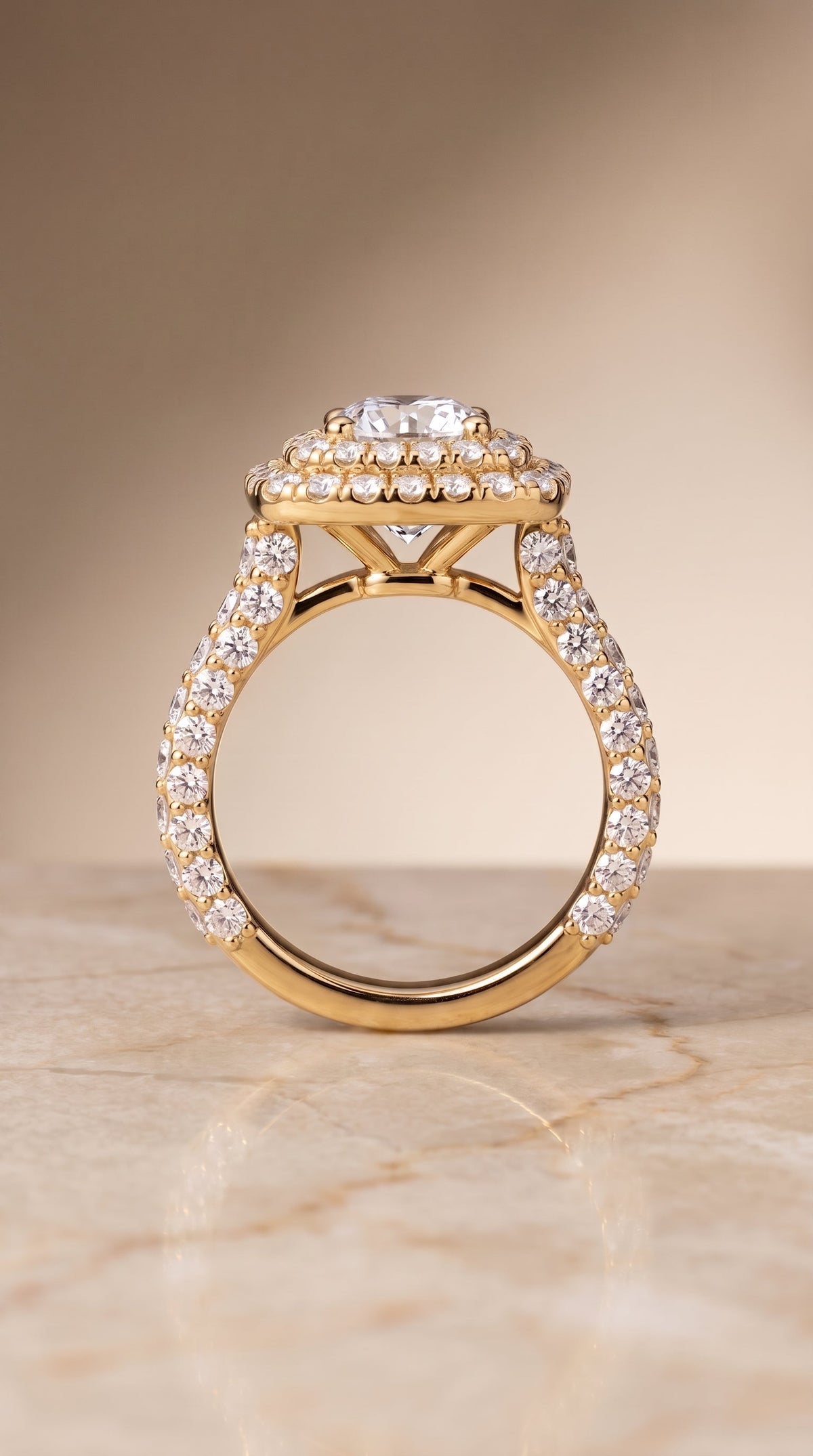 Dinah Select Double Halo Round Lab Diamond Engagement Ring in 18K Yellow Gold, side view | RockHer