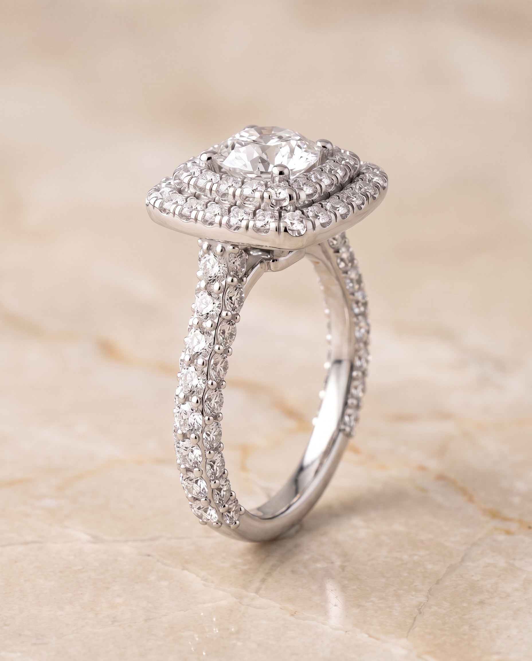 Double Halo styling on The Dinah round engagement ring setting | RockHer