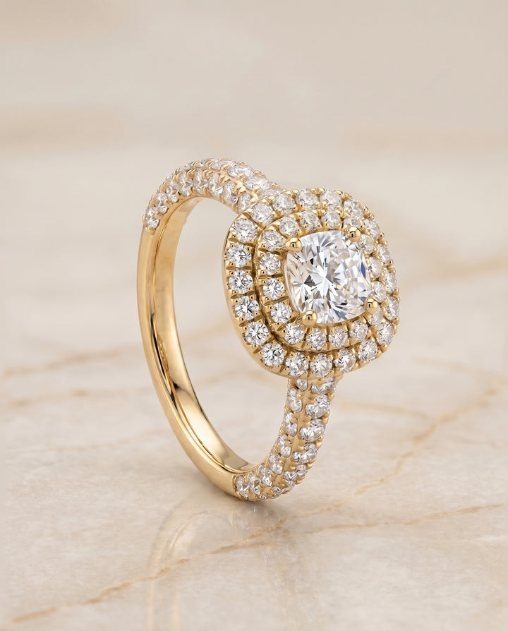The Dinah Double Halo Cushion Cut Engagement Ring Setting in 18K Yellow Gold