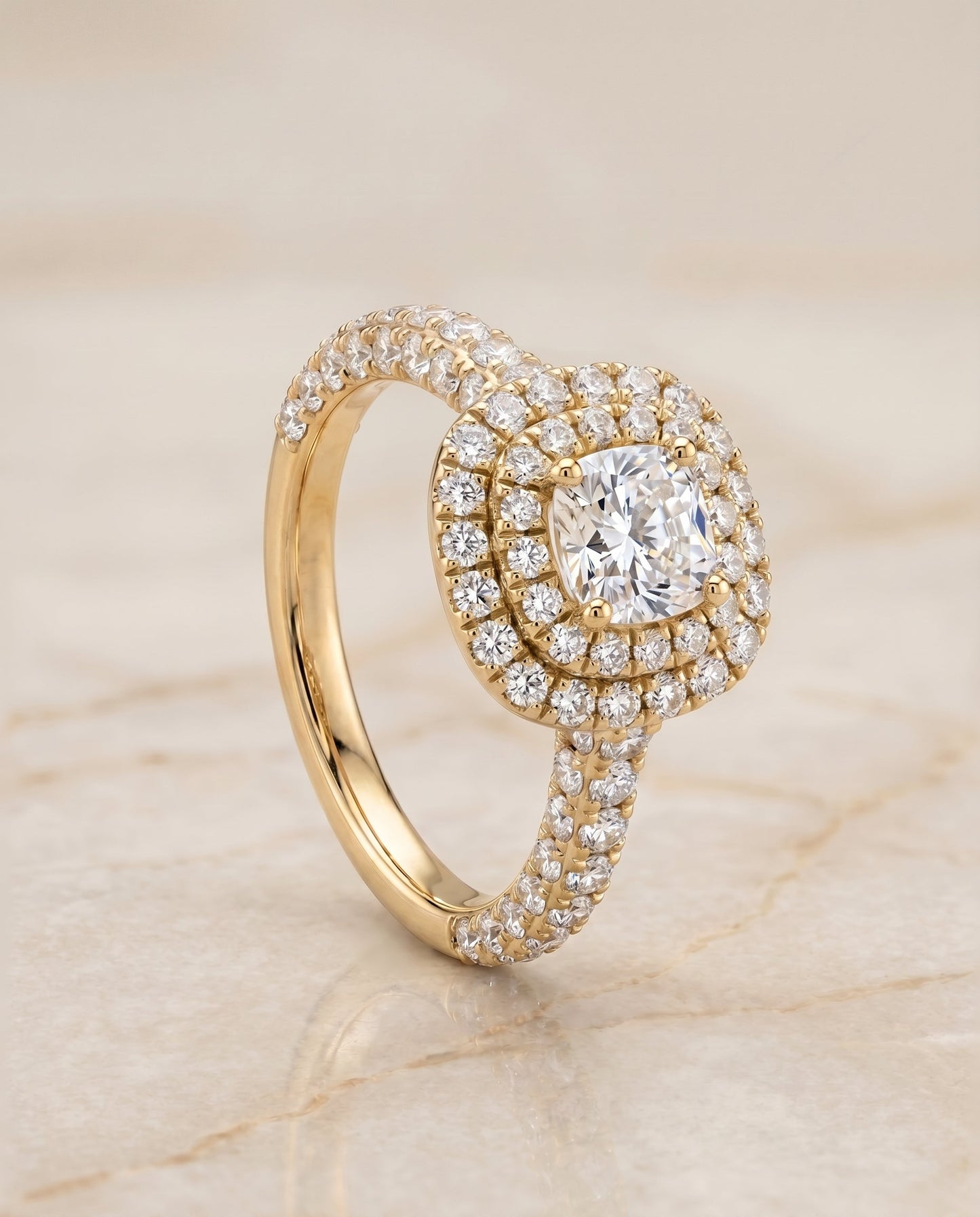 Dinah Select Double Halo Cushion Cut Lab Diamond Engagement Ring in 18K Yellow Gold, front view | RockHer